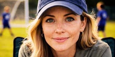 A woman wearing a baseball cap looks at the camera while sitting outdoors at a sports field.