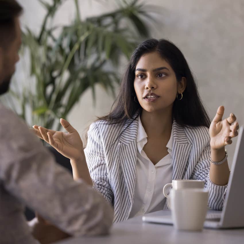 woman using misleading sense of urgency at work with colleague
