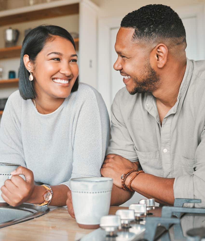 Complimentary woman talks to man