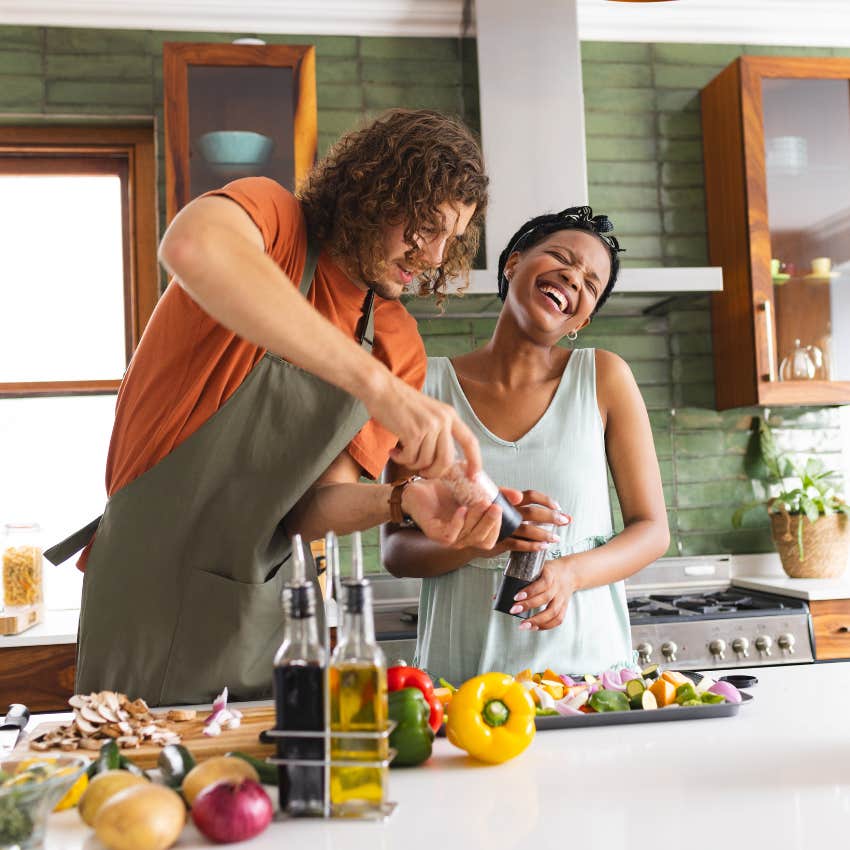 man with natural charm giving woman compliment that it's better than mom