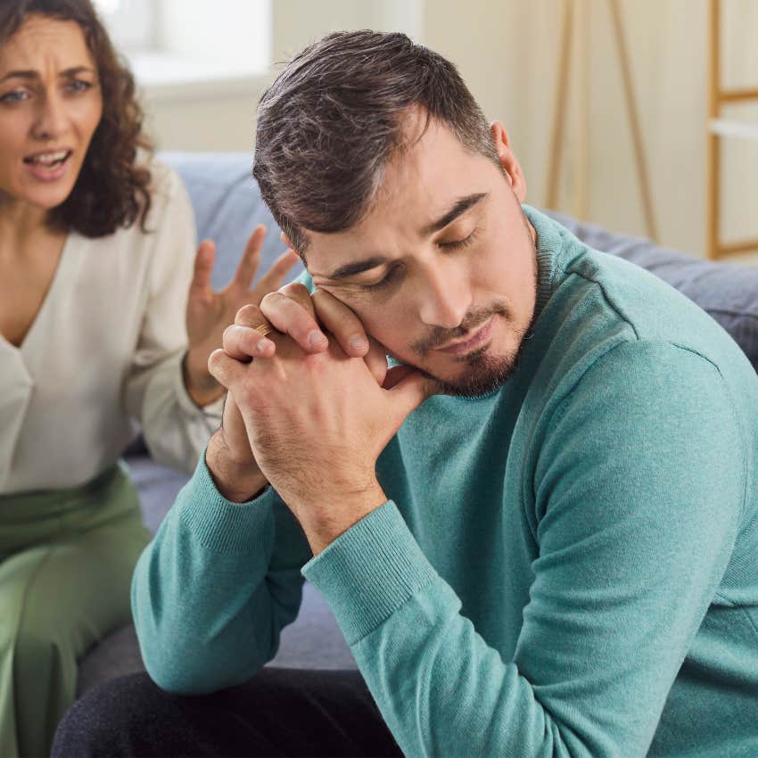 rude man avoiding disagreements and conflict at home with wife