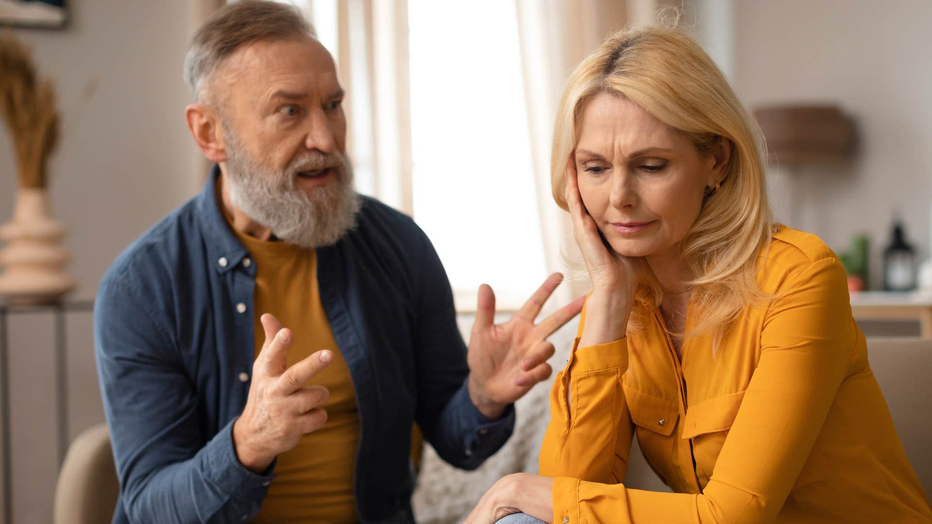 Hyper-critical man arguing with his wife.
