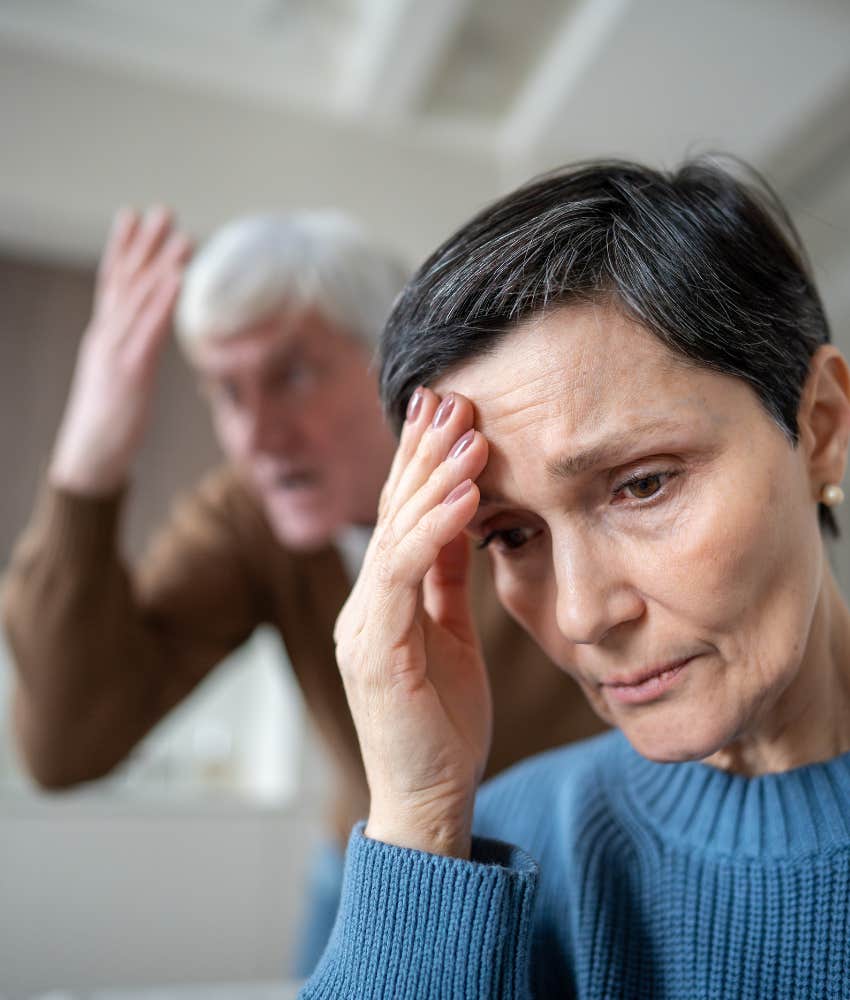 Disrespected person avoids yelling partner showing bullying in relationship