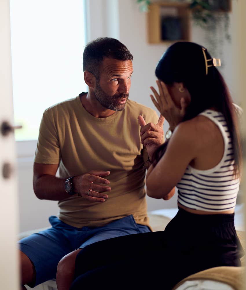 Upset couple talk emotionally showing habit to make marriage work